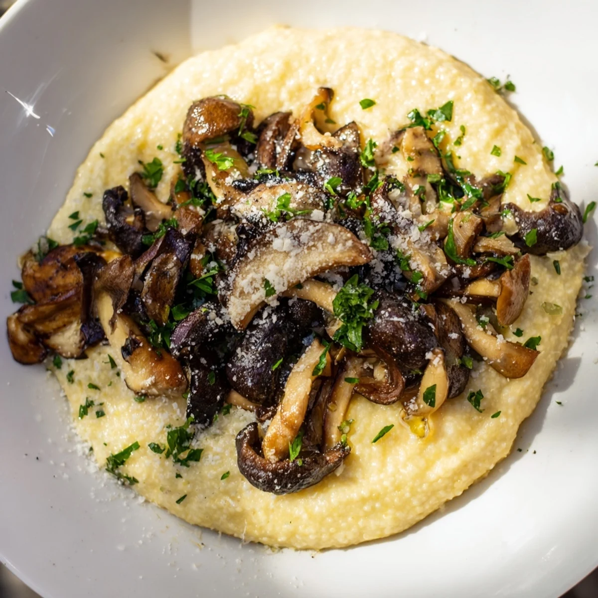 Fresh herbs and golden roasted mushrooms garnish creamy polenta, served warm as a cozy gluten-free Italian dinner for four people.