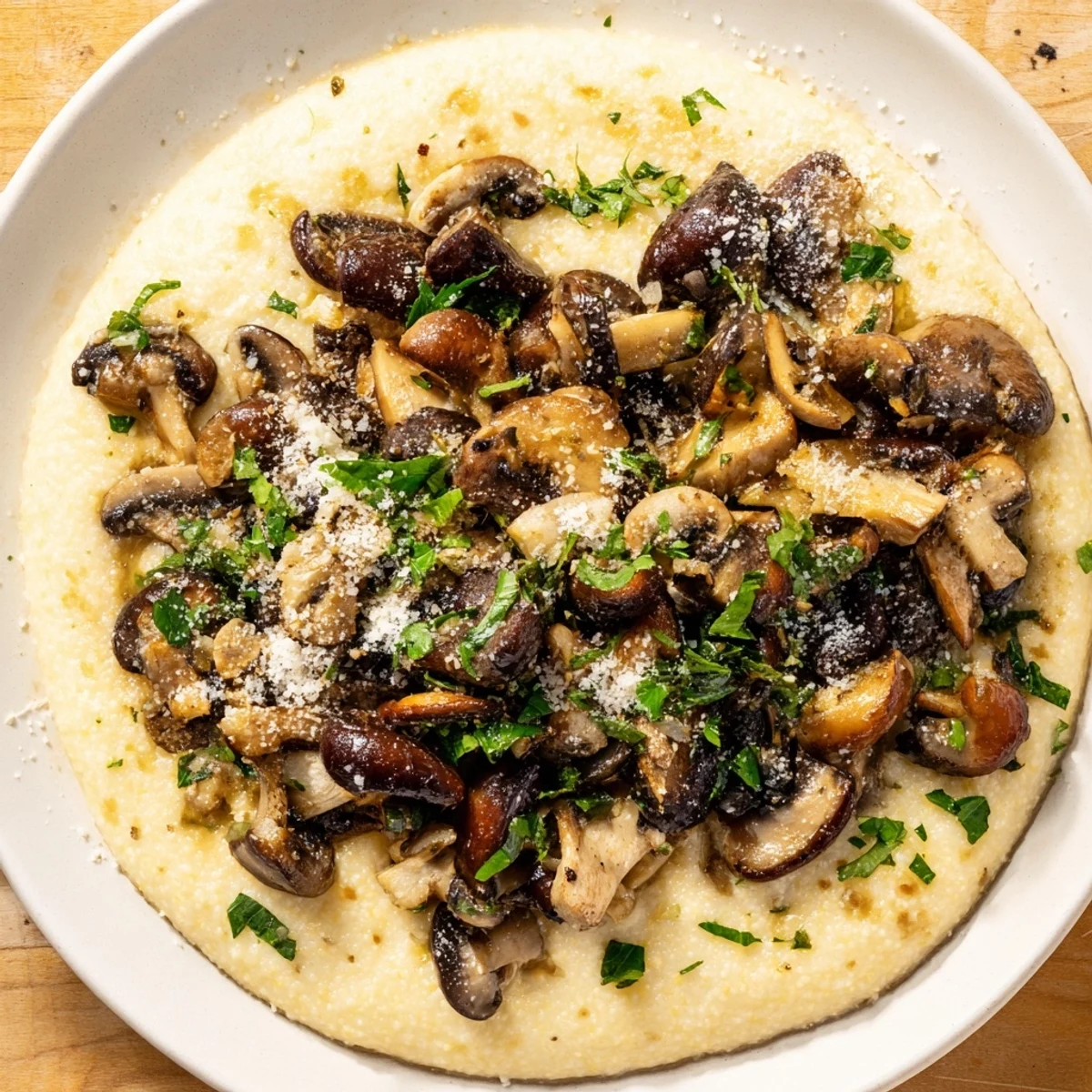 Silky polenta with thyme and garlic roasted mushrooms, garnished with parsley and Parmesan, perfect for an easy weeknight meal.
