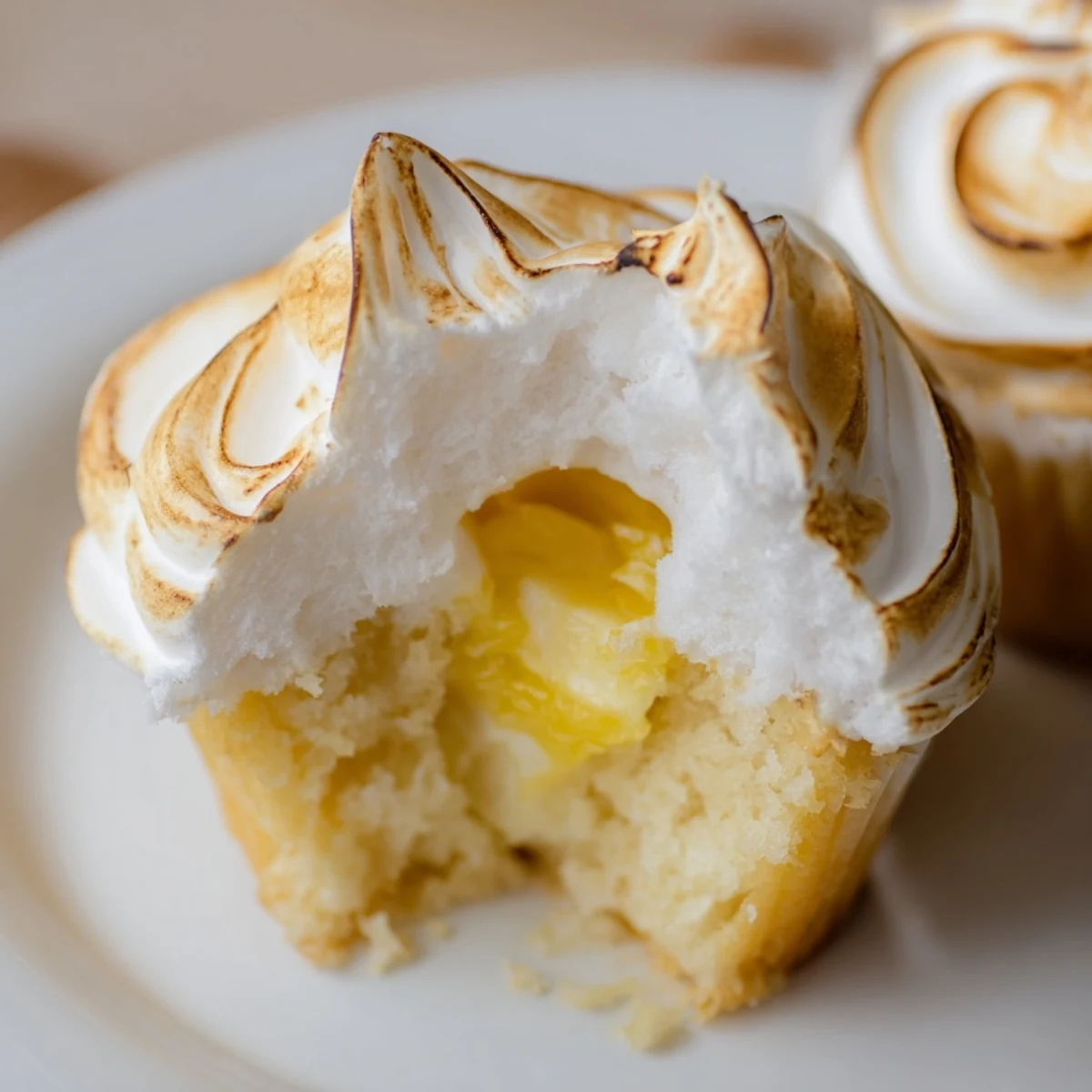 Freshly baked Lemon Meringue Cupcakes with toasted peaks and a visible lemon curd filling.