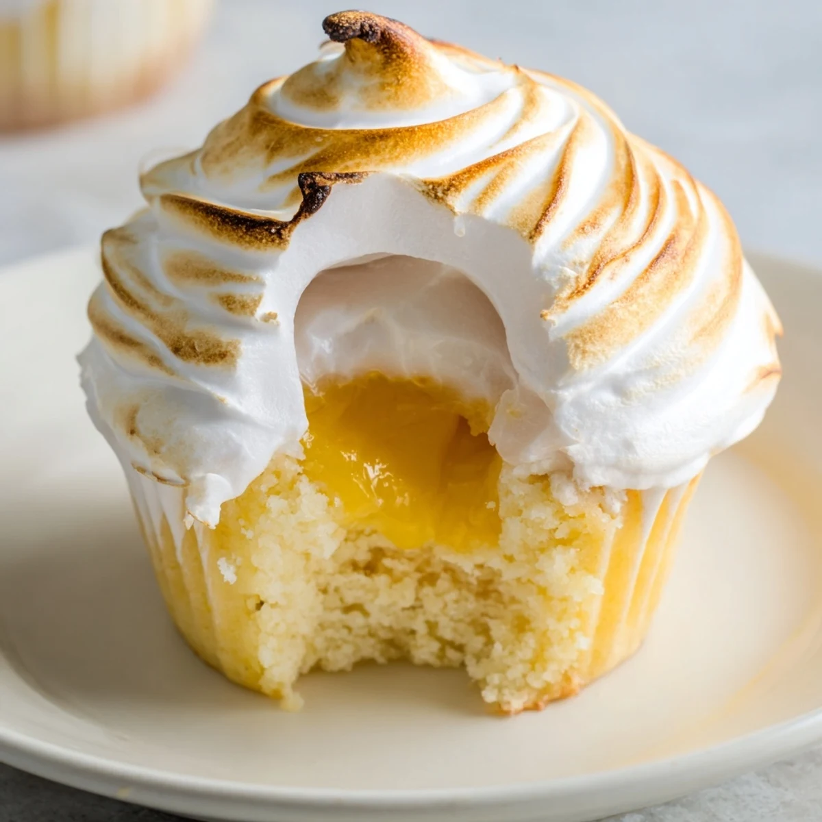 A close up view of Lemon Meringue Cupcakes with golden brown meringue swirls on top.