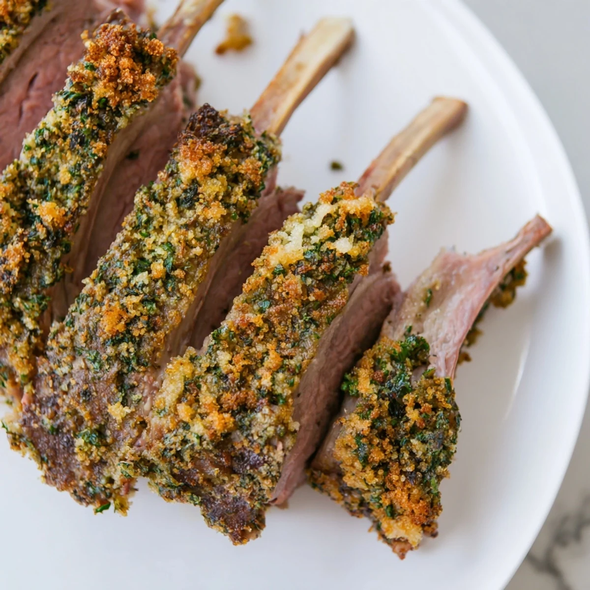 Golden herb-crusted lamb chops sliced from a roasted rack, served on a platter with garnish for a festive meal.