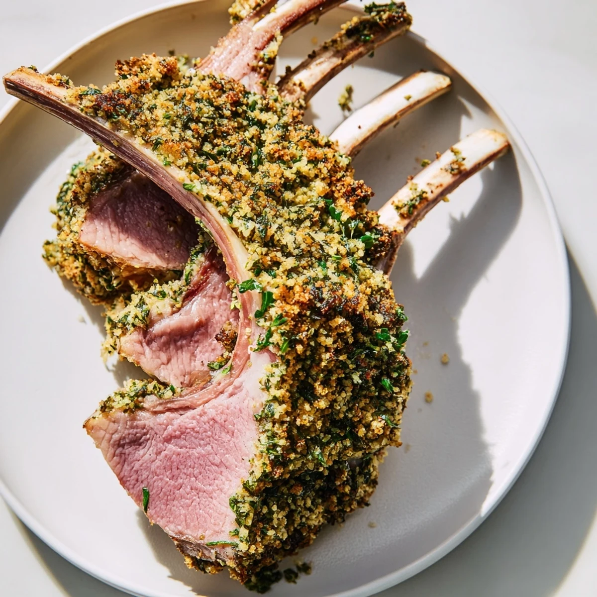 Freshly roasted lamb rack with a fragrant herb crust, resting on a skillet beside roasted vegetables for a hearty dinner.