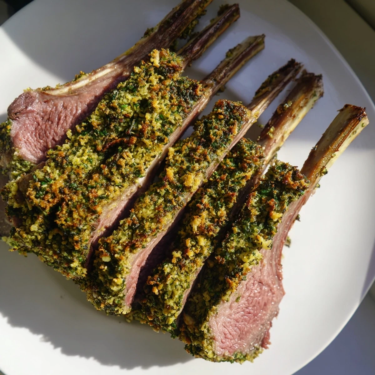 Close-up of a roasted lamb rack with a crispy herb crust, highlighting the juicy meat and aromatic garlic notes.