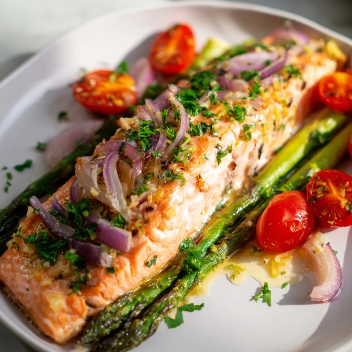 Fork-tender Sheet Pan Salmon with Asparagus and Tomatoes rests beside vibrant vegetables on a sheet pan.