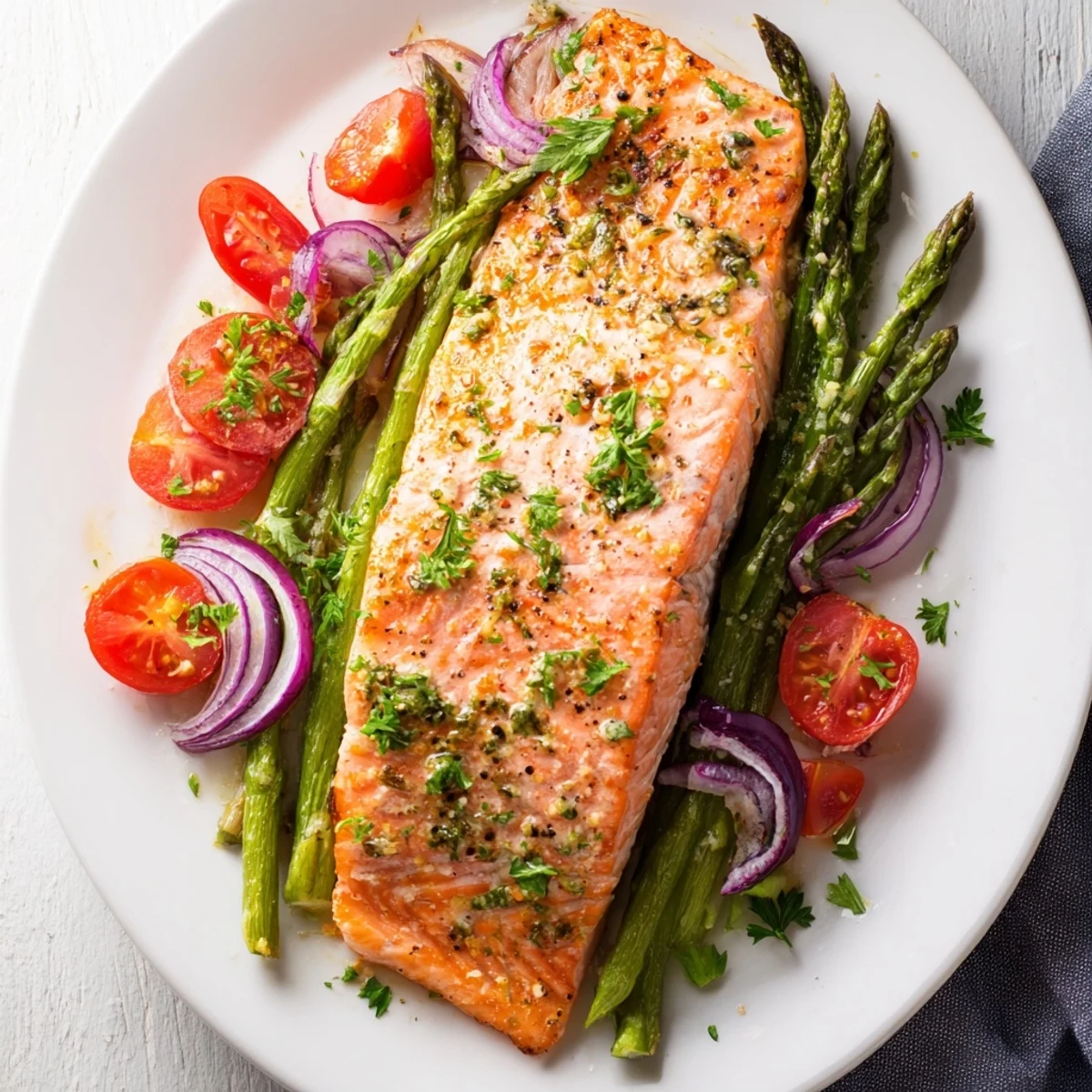 An easy, gluten-free Sheet Pan Salmon with Asparagus and Tomatoes served with lemon wedges for a fresh finish.