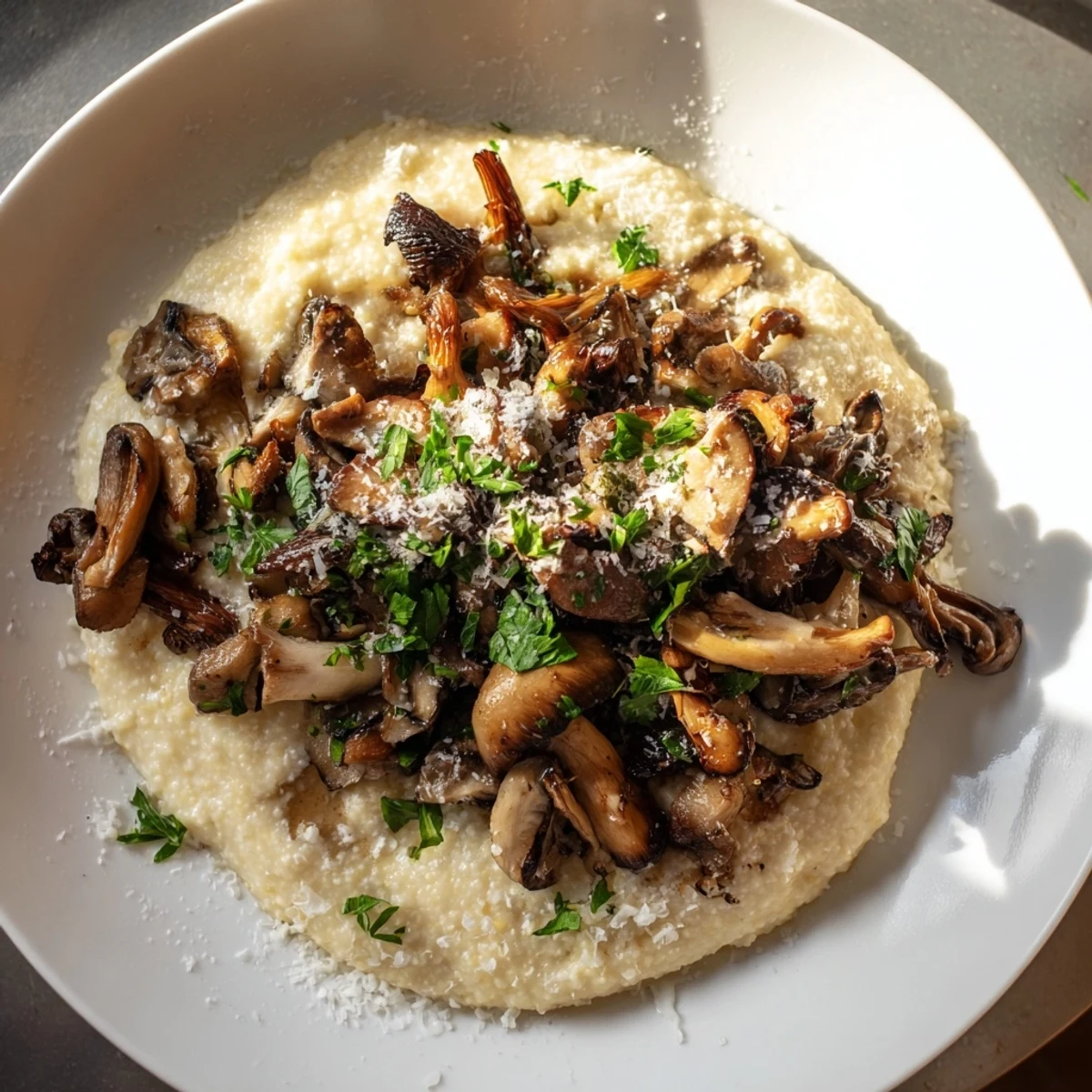 Creamy polenta with roasted wild mushrooms, topped with fresh parsley and melted Parmesan, served in a rustic bowl.