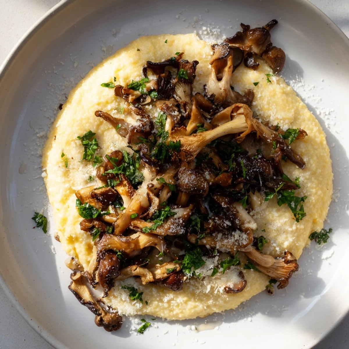 A warm bowl of Creamy Polenta with Roasted Wild Mushrooms, featuring golden, garlic-herb mushrooms over soft, cheesy cornmeal.