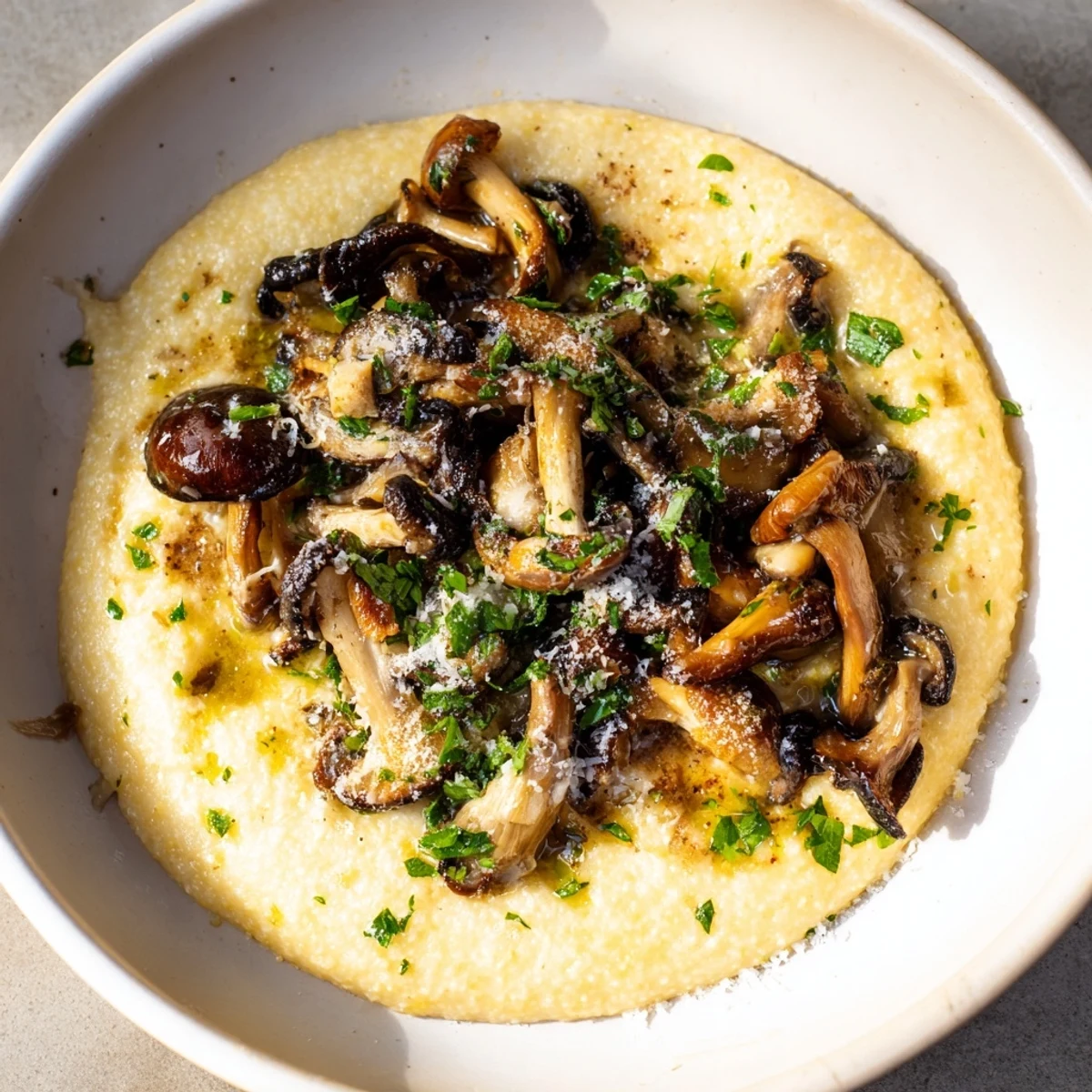Savory Creamy Polenta with Roasted Wild Mushrooms, garnished with fresh thyme and a drizzle of olive oil.