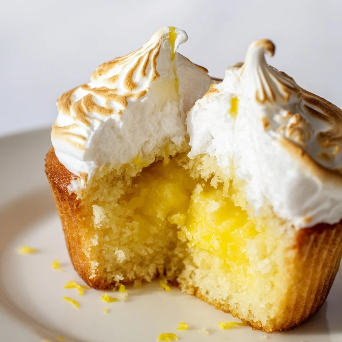 Golden-brown toasted meringue swirls crown the moist Lemon Meringue Cupcakes with Curd Filling, revealing a vibrant yellow lemon curd center.  