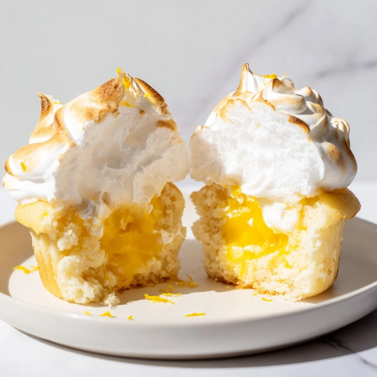 A close-up of Lemon Meringue Cupcakes with Curd Filling shows fluffy peaks and bright citrus zest on a rustic American kitchen counter.  