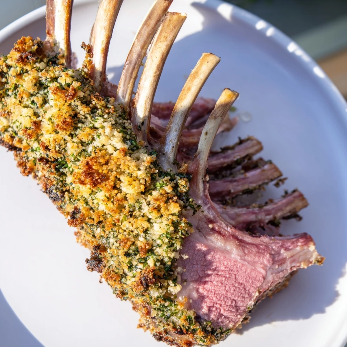 A golden, herb-crusted Roasted Lamb Rack with Herb Crumb Crust sits on a rustic wooden board, ready to slice.