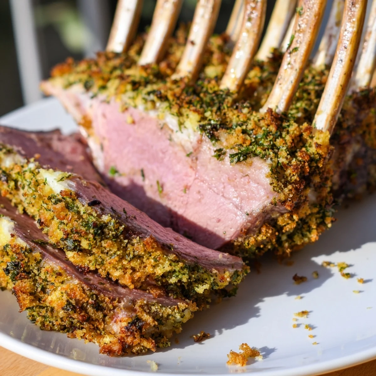 Tender Roasted Lamb Rack with Herb Crumb Crust showcases a crispy parmesan and breadcrumb topping, served with roasted potatoes.