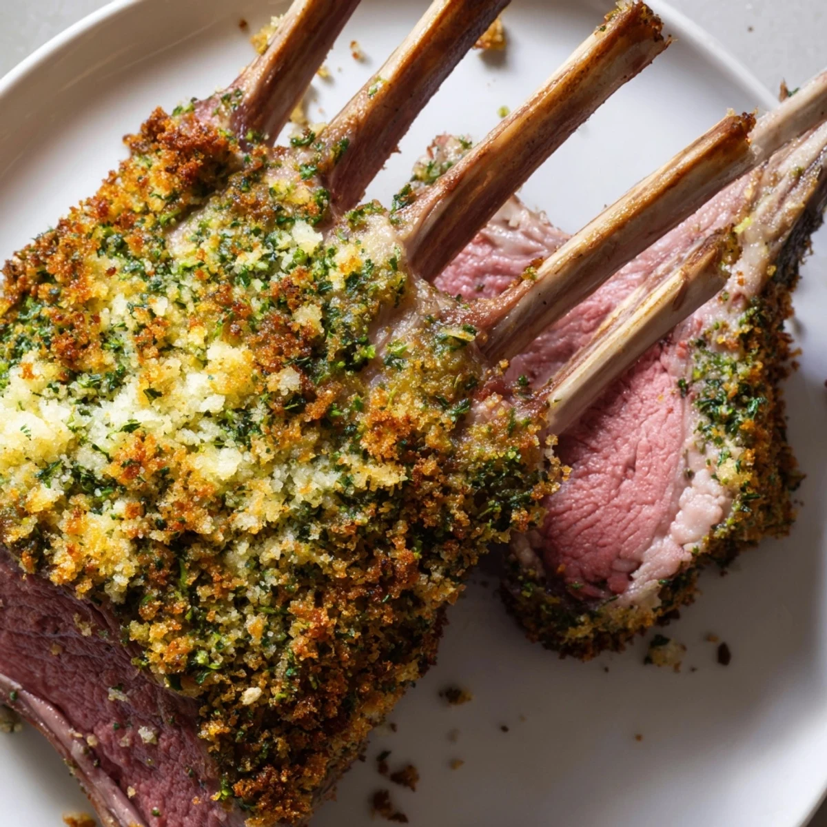 Sizzling Roasted Lamb Rack with Herb Crumb Crust emerges from the oven, displaying a perfectly browned herb and garlic crust.