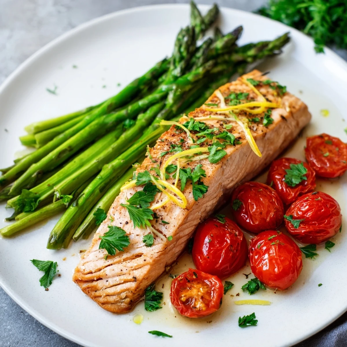 Tender Sheet Pan Salmon with Asparagus and Cherry Tomatoes served alongside fluffy quinoa for a vibrant, healthy dinner.  