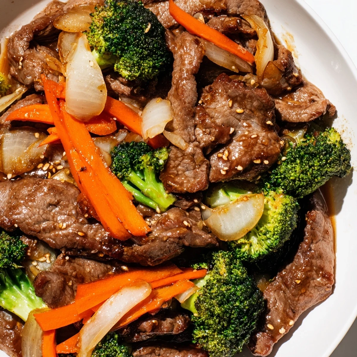 A close-up of sautéed beef and crisp broccoli tossed in savory ginger soy sauce.