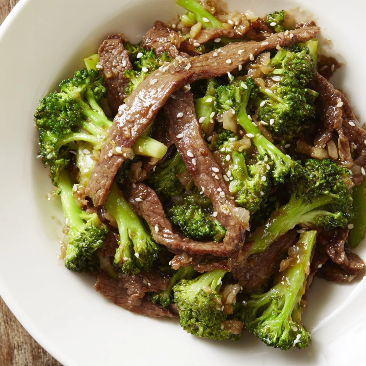 Sizzling beef and bright green broccoli pieces glisten in a skillet with ginger soy sauce, served over jasmine rice.