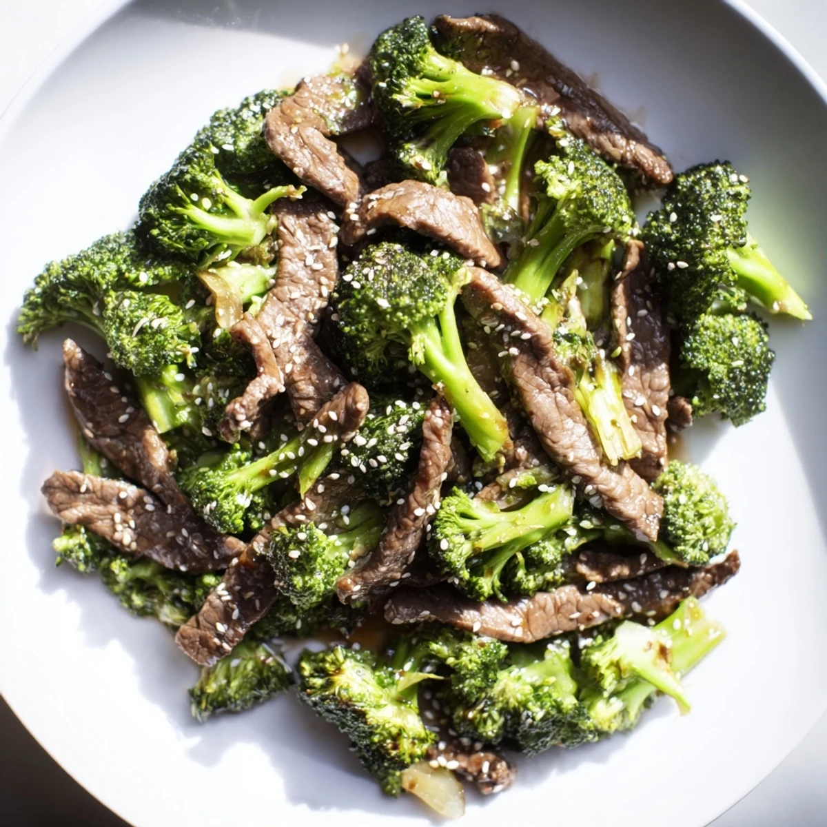 A close-up of Beef and Broccoli Stir Fry with Ginger Soy Sauce on a plate, garnished with sesame seeds and green onions.