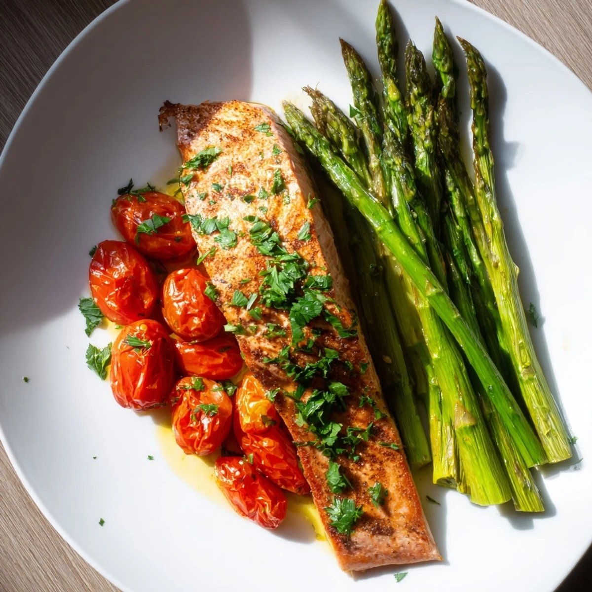 Golden brown salmon and crisp asparagus garnished with fresh parsley on a rustic dinner plate.