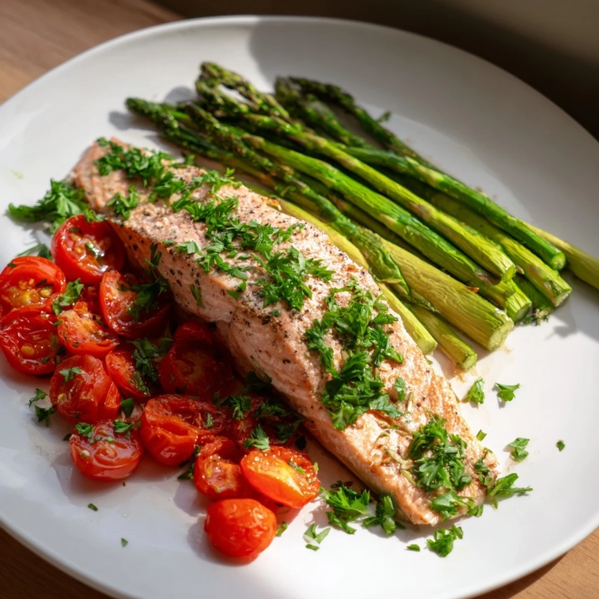 Serving suggestion for Sheet Pan Salmon with Asparagus and Cherry Tomatoes, a vibrant and healthy meal.