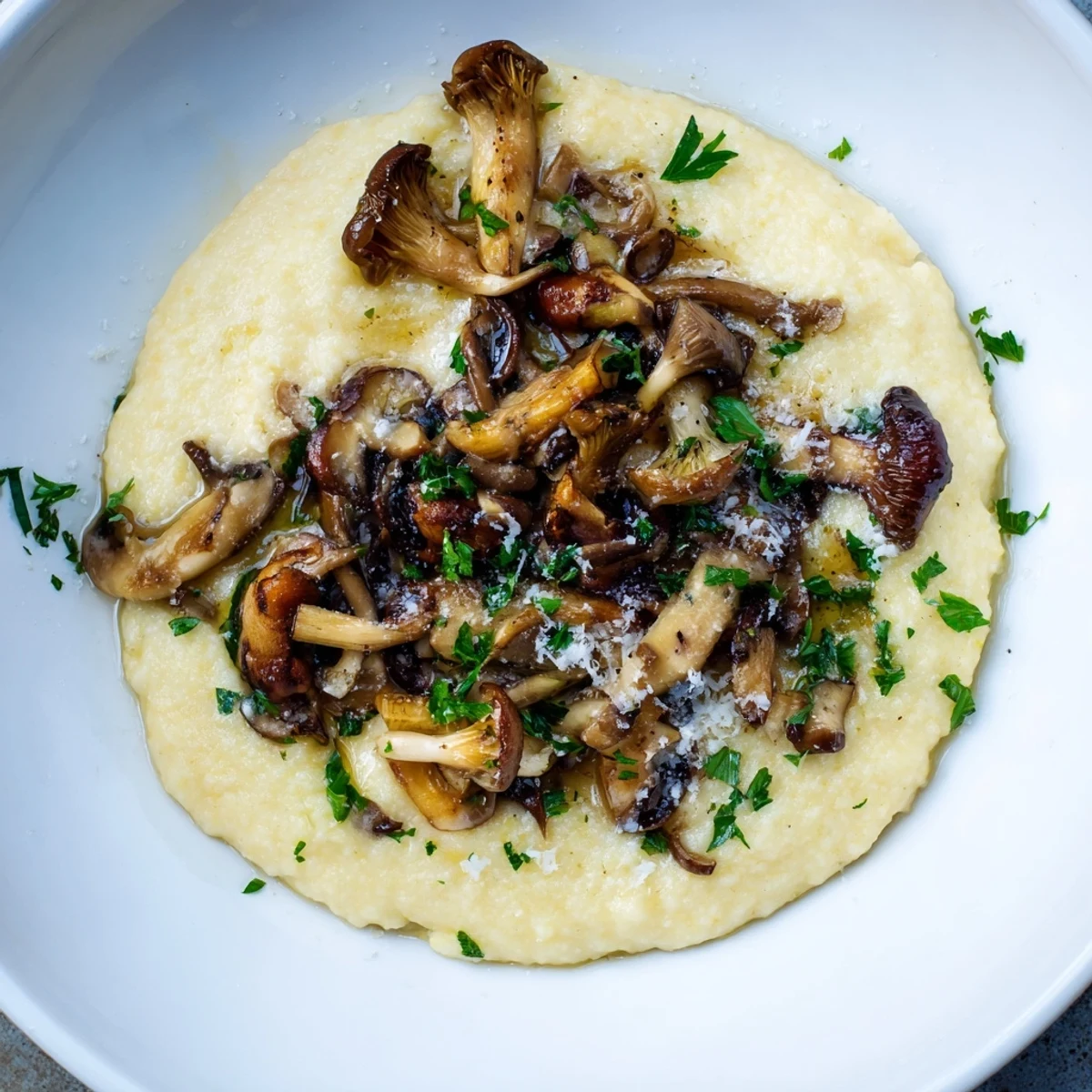 Creamy polenta with roasted wild mushrooms served as a comforting vegetarian main or side dish.