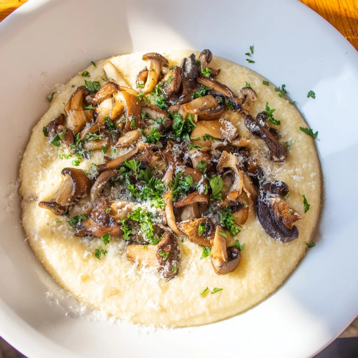 Steaming creamy polenta topped with golden roasted wild mushrooms, fresh herbs, and melted parmesan cheese.