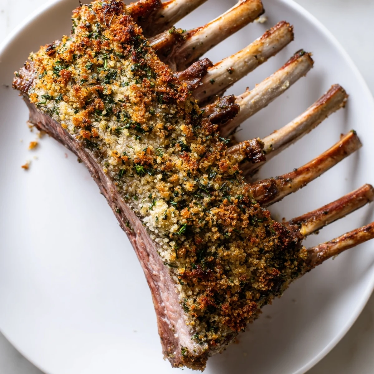 A close-up of the Roasted Lamb Rack with Herb Crumb Crust, golden and aromatic, on a rustic platter beside roasted potatoes.