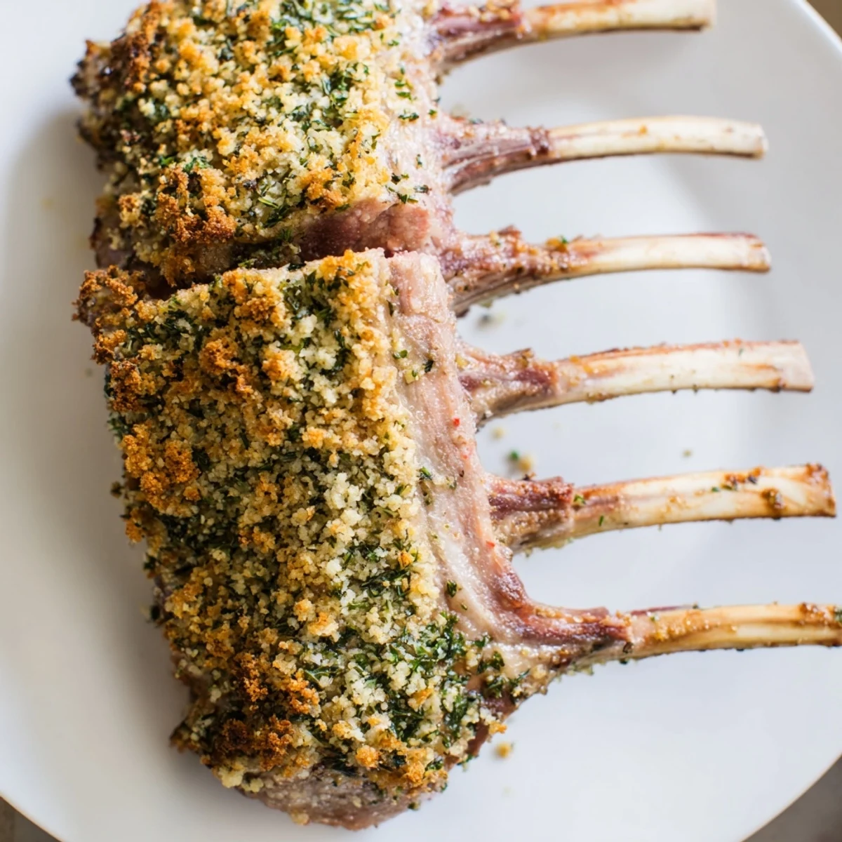 Sliced Roasted Lamb Rack with Herb Crumb Crust reveals tender pink meat, garnished with fresh rosemary and lemon zest.