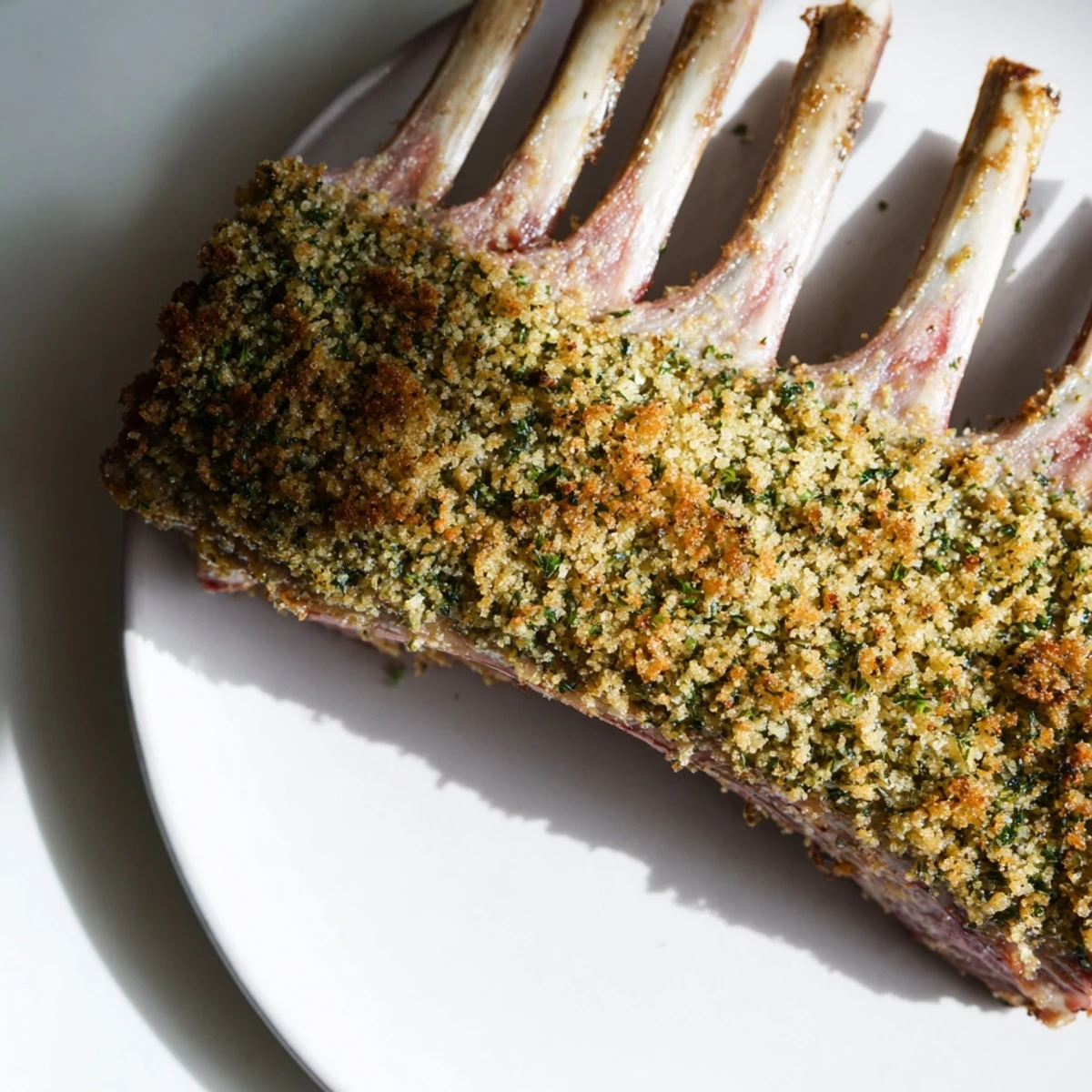 The Roasted Lamb Rack with Herb Crumb Crust rests on a white plate, ready to be served with green beans.