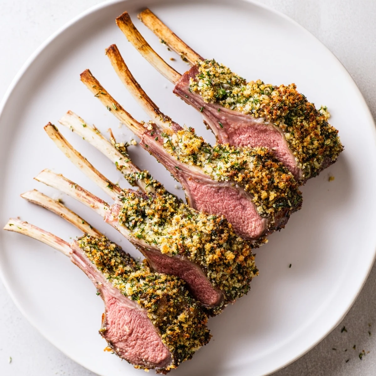 Golden-brown roasted lamb rack with herb crust presented with roasted potatoes and green beans.