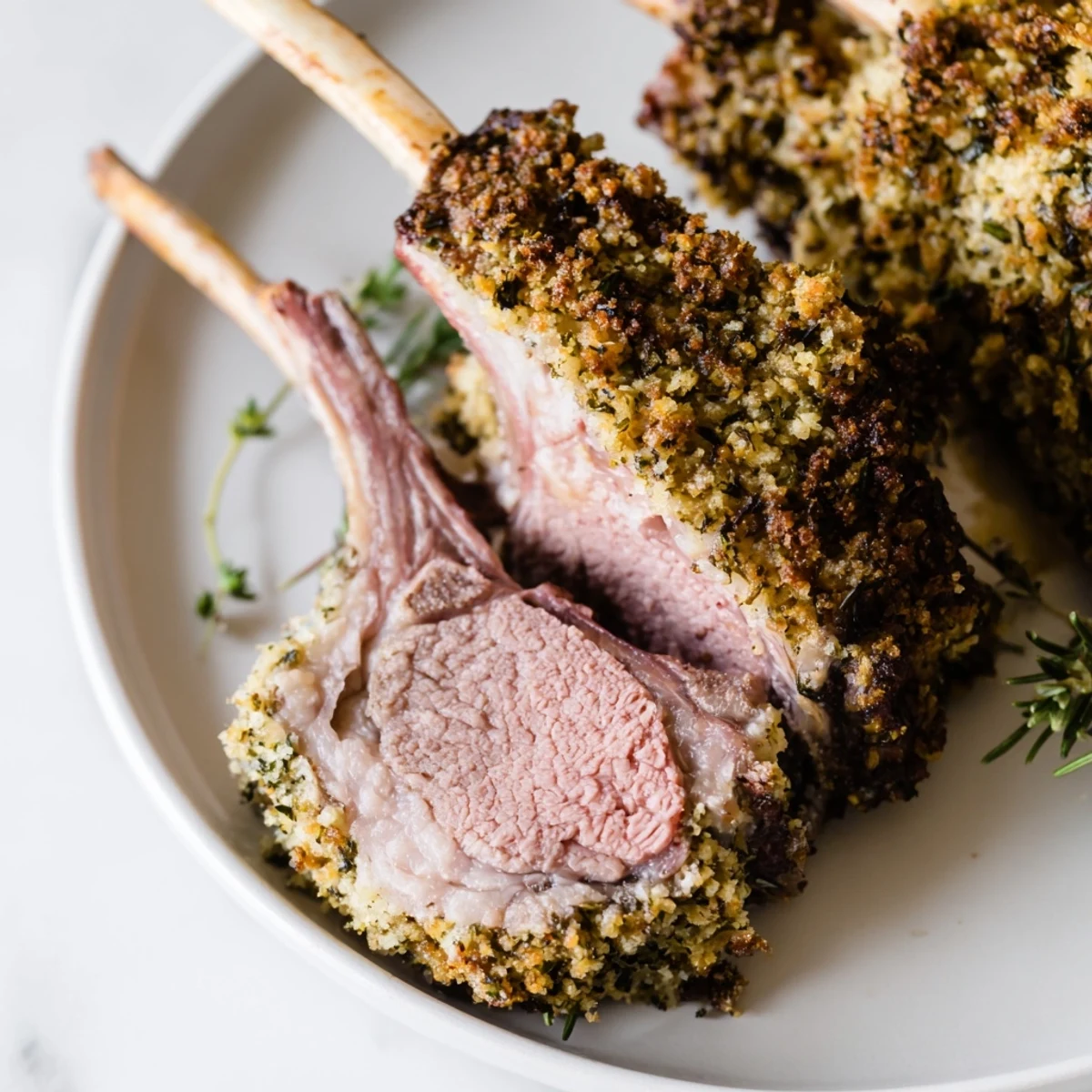 A close-up of roasted lamb rack with herb crust, glistening and aromatic on a rustic platter.