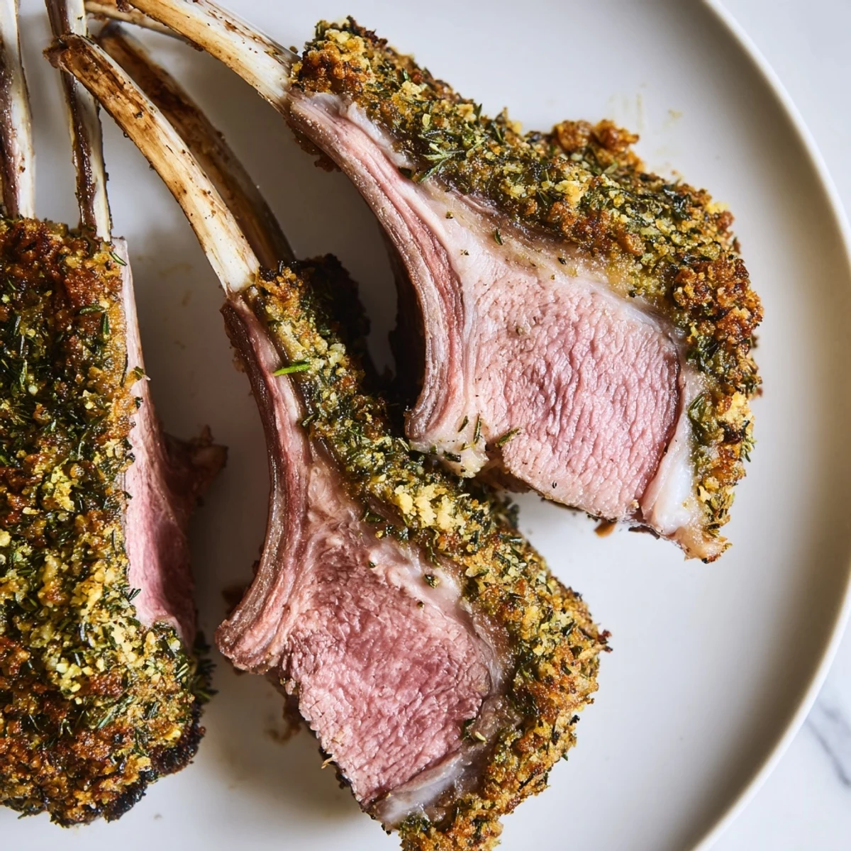 Succulent roasted lamb rack with herb crust sliced to show juicy pink interior on a wooden board.