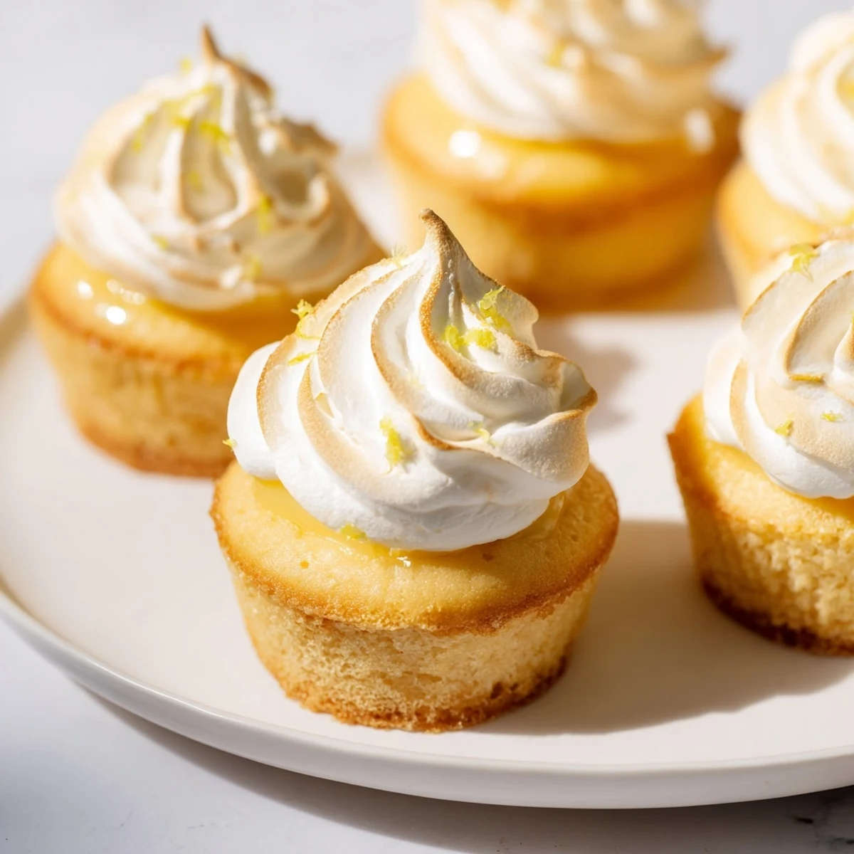 Fluffy Lemon Meringue Cupcakes with toasted peaks sit on a cooling rack, ready for dessert.