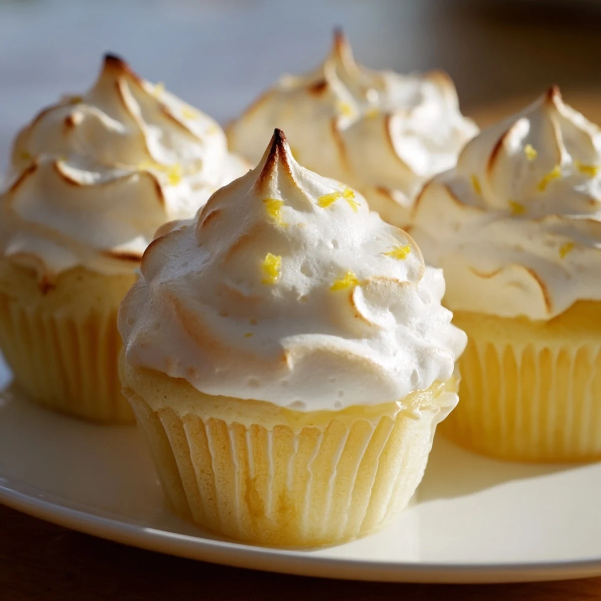 Golden-brown Lemon Meringue Cupcakes feature a bright lemon curd filling and fluffy meringue swirls.