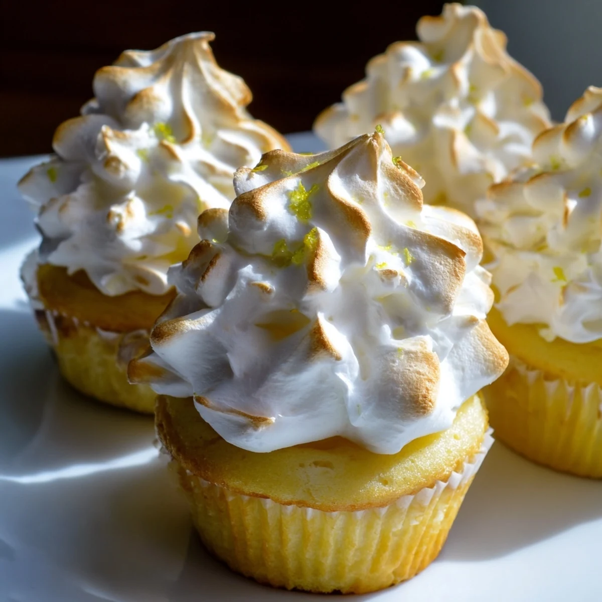 Moist Lemon Meringue Cupcakes with graham cracker crumbs are served on a white platter.