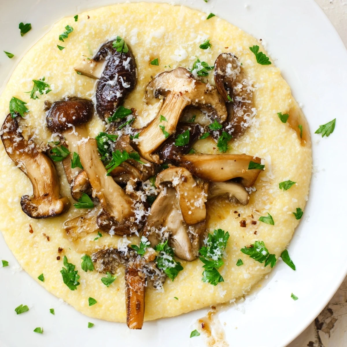 Creamy polenta with roasted mushrooms in a warm bowl, garnished with fresh parsley and grated Parmesan.