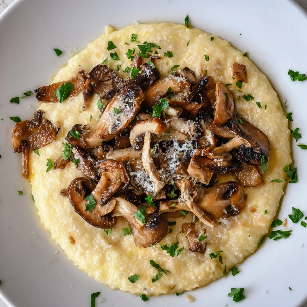 A close-up of Creamy Polenta with Roasted Mushrooms, drizzled with olive oil and ready to enjoy.