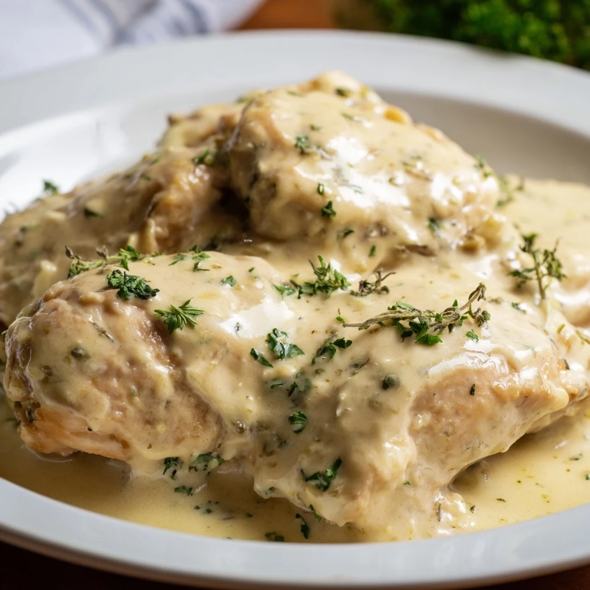 Golden-brown seared chicken breasts smothered in a creamy, garlicky Boursin cheese sauce, garnished with fresh parsley.