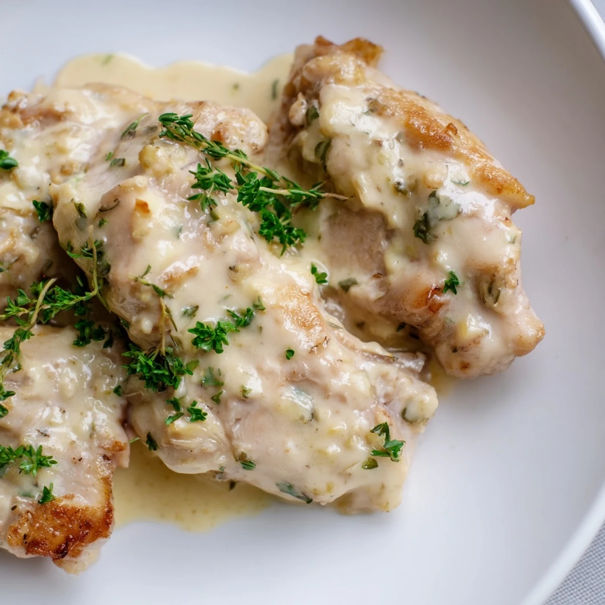 Close-up of juicy Creamy Boursin Chicken in a rich herb sauce, ready to be served for dinner.