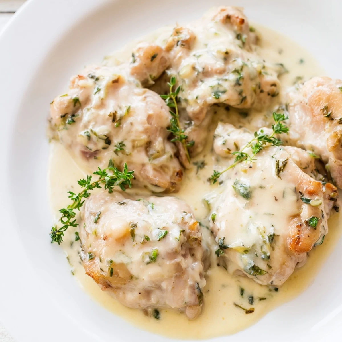 Savory Creamy Boursin Chicken served alongside tender green beans and fluffy mashed potatoes on a rustic plate.