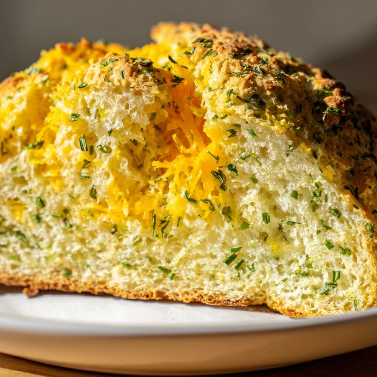 A slice of Savory Herbed Cheddar Irish Soda Bread shows its moist crumb and melted cheese, served with butter and soup.