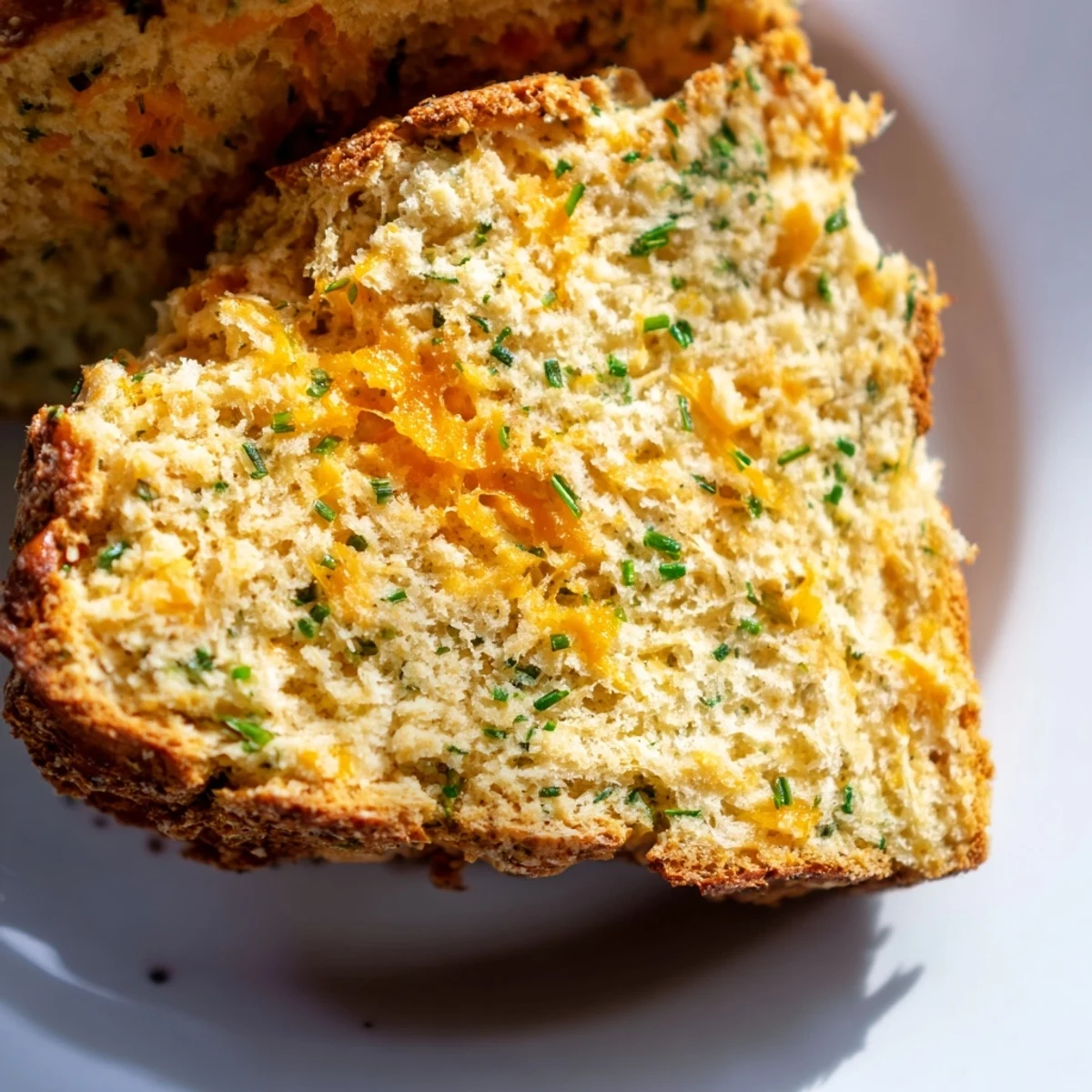 Freshly baked Savory Herbed Cheddar Irish Soda Bread loaf rests on a wooden cutting board with herbs and cheese nearby.