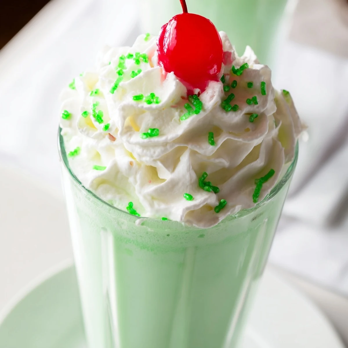 A tall glass of Homemade Copycat Shamrock Shake topped with whipped cream, green sprinkles, and a bright maraschino cherry.