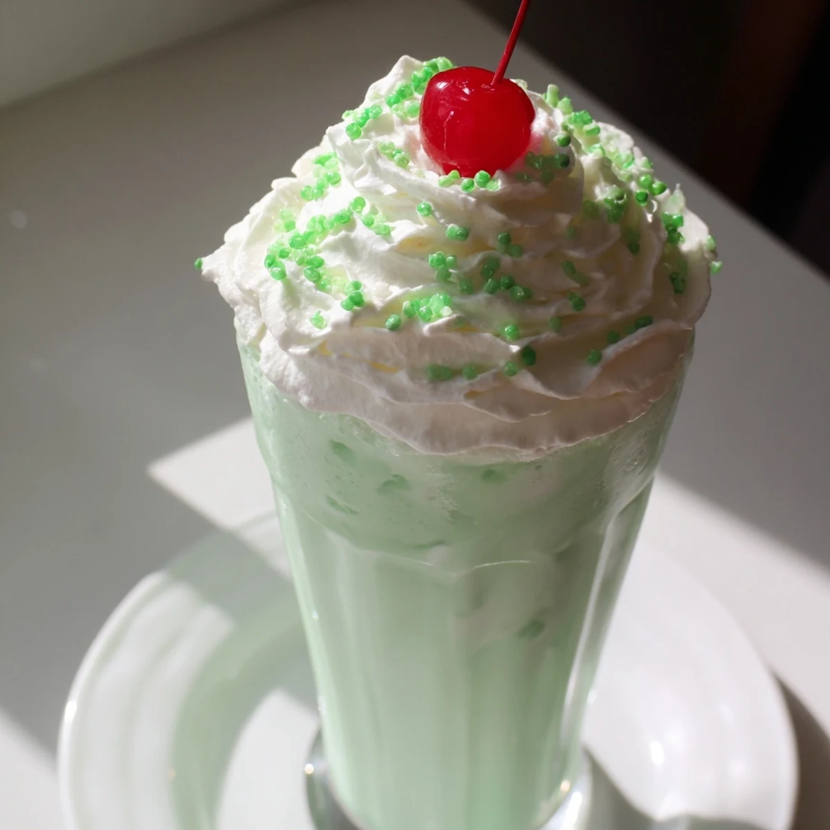 This creamy Homemade Copycat Shamrock Shake is poured into a frosty glass, showcasing its vibrant mint green color.