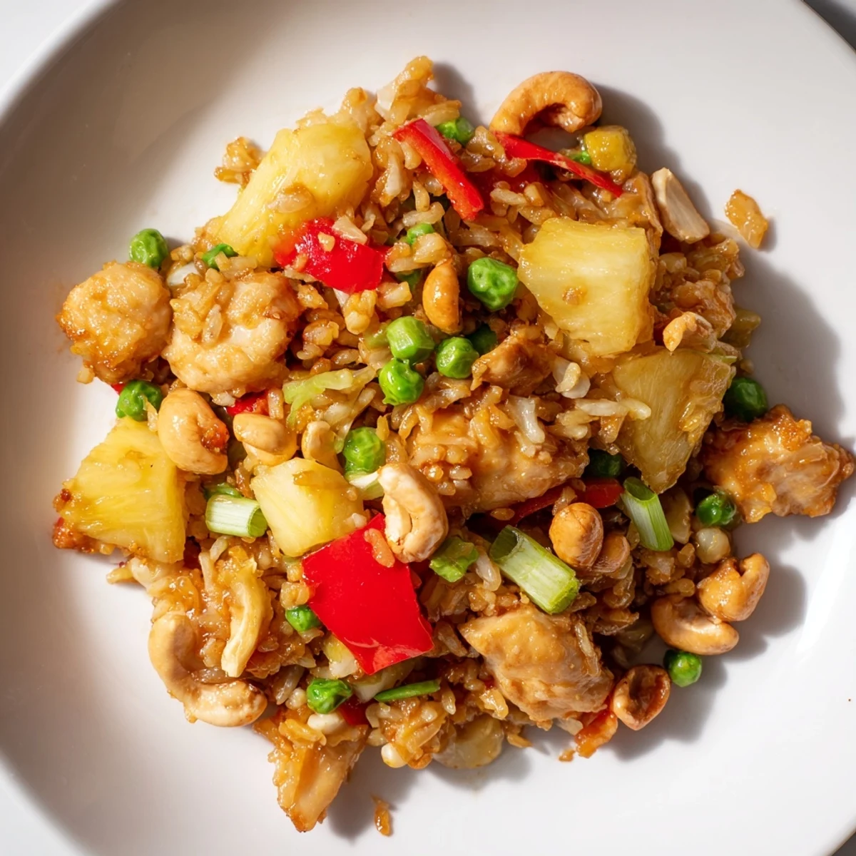 Golden pineapple chunks and tender chicken mingle with fluffy jasmine rice, crunchy cashews, and vibrant bell peppers in this Thai-inspired fried rice.