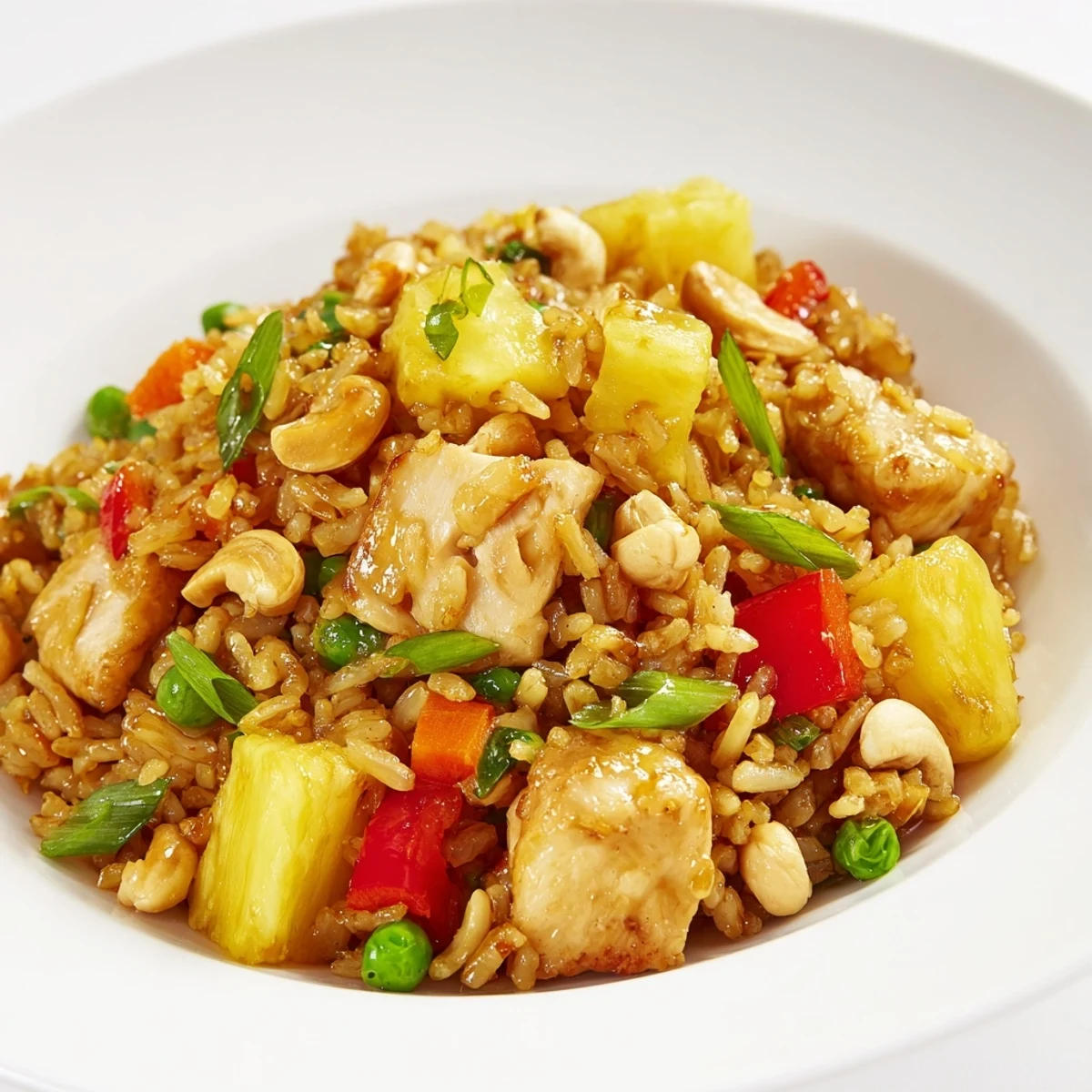 Sizzling chicken and sweet pineapple create an aromatic base for this fried rice, finished with green onions and a squeeze of lime.