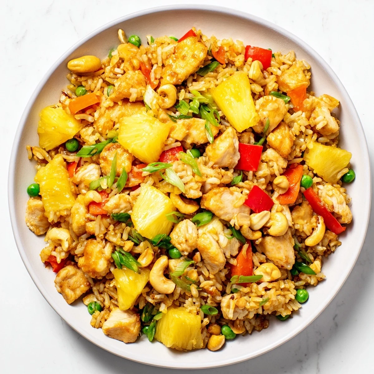 Colorful vegetables and savory sauce coat the day-old jasmine rice, topped with roasted cashews for a satisfying weeknight dinner for four.