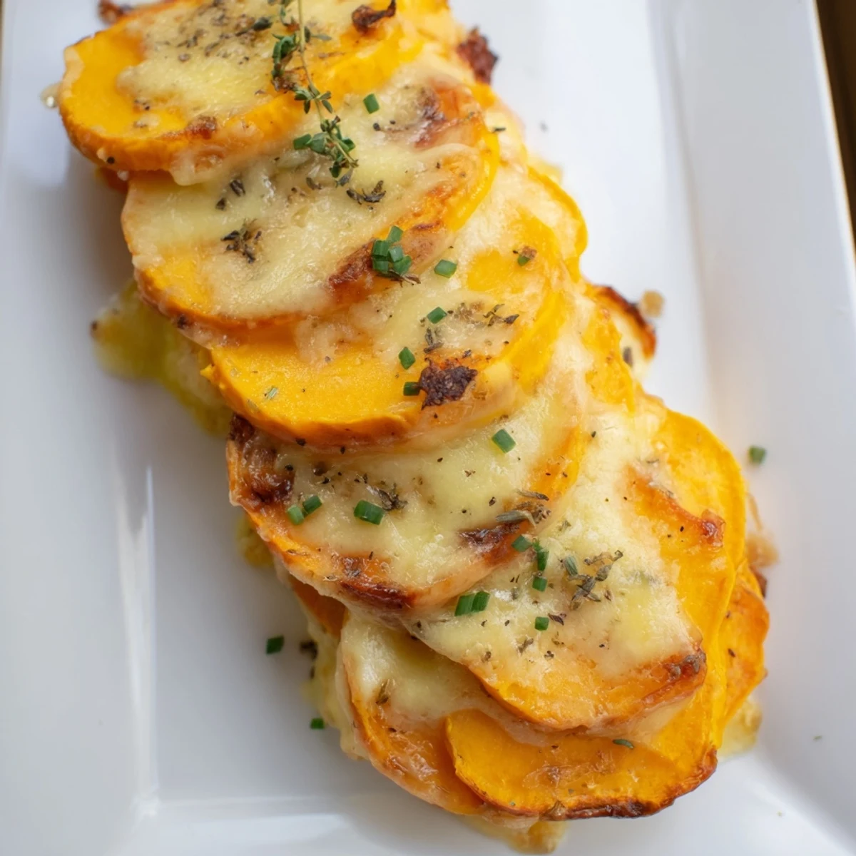 A comforting serving of Cheesy Sweet Potato Gratin with Caramelized Onions Delight paired with crisp white wine.