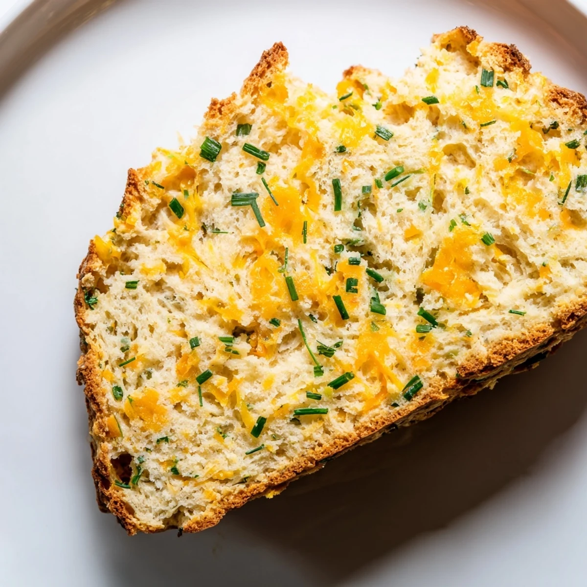 Savory Cheddar & Chive Irish Soda Bread sliced open to reveal soft interior, served beside a steaming bowl of soup.
