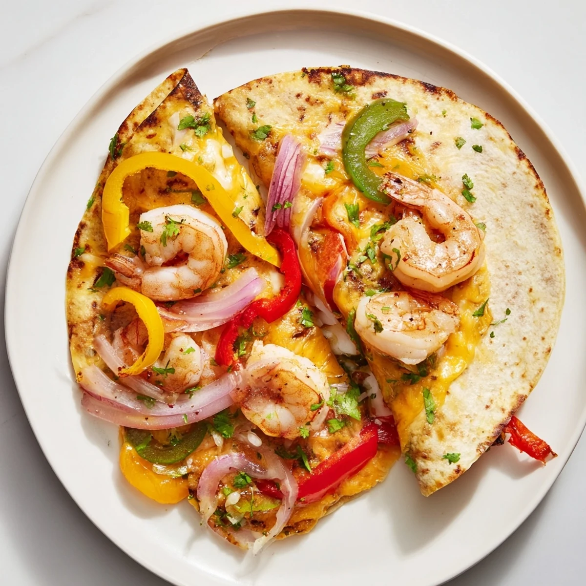 A close-up of golden Shrimp Fajita Sheet Pan Quesadillas, filled with sautéed peppers and onions, served on a rustic plate with fresh salsa.
