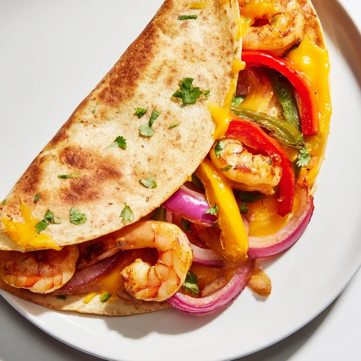 Top-down view of Shrimp Fajita Sheet Pan Quesadillas, showcasing the crispy tortilla edges and melted cheese with lime wedges and avocado slices on the side.